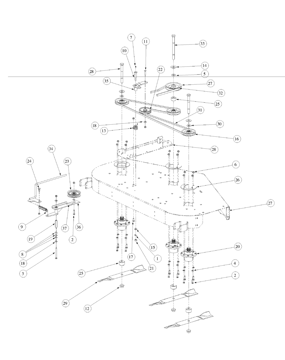 Fabricated Deck Spindle Assembly Diagram and Parts List for M60-KW 53BB5D8X750-25HP-OHV Cub Cadet Lawn Tractor
